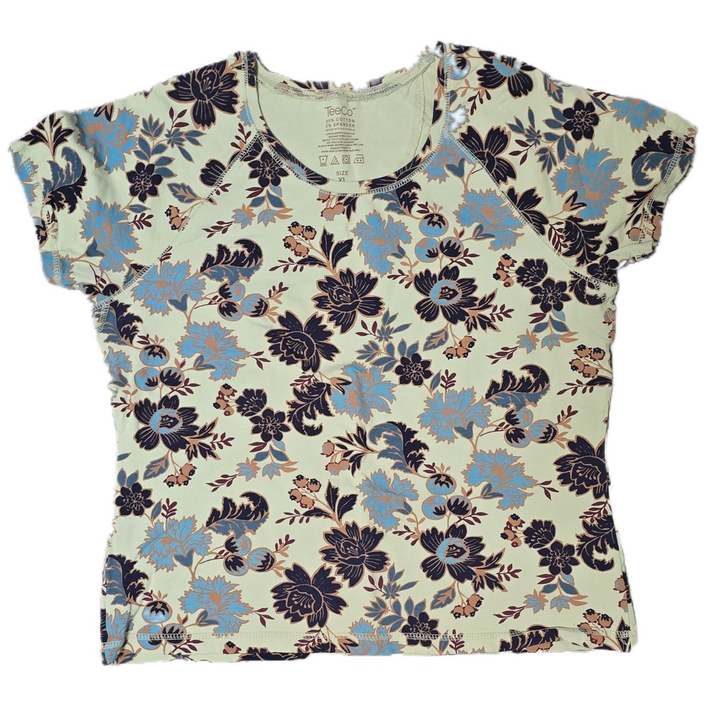 TeeCo Floral Print Short Sleeve Top Women XL Light Green Blue Flowers
(AC)